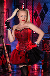 Harley Quinn Inspired Batman Corset in Red Duchess Satin & Black Lace